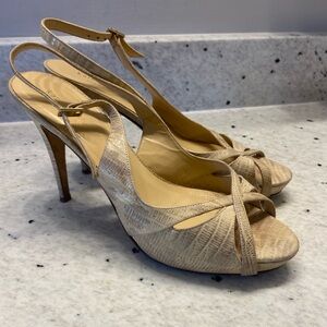 Kate Spade Cream and Gold mermaid print Slingback Peep Toe Heels